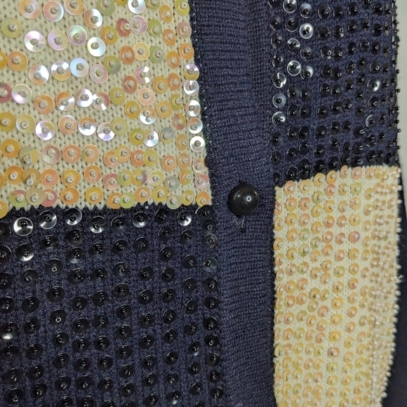 Vintage Regency Collection black white blue sequin cardigan sweater L - Picture 3 of 8